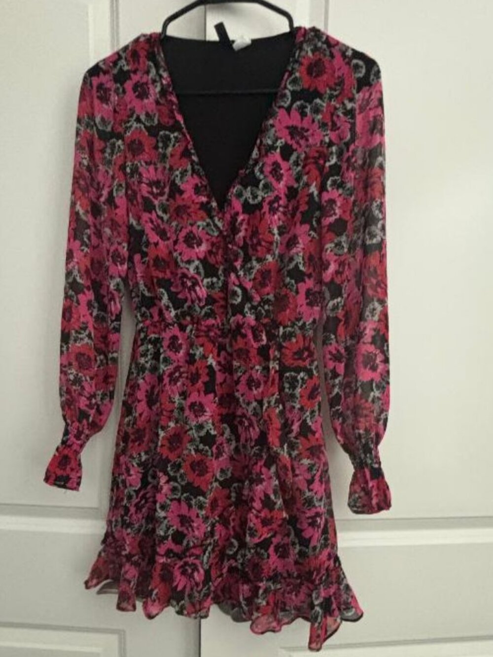 Divided H&M Floral Multicolor Sheer Sleeve Dress with ruffles hem, wrap and neck
